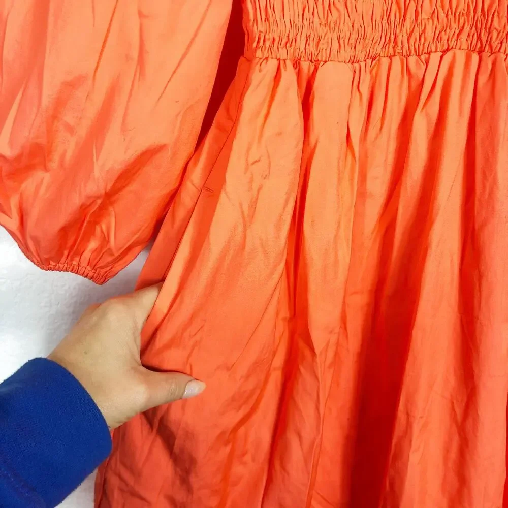 NWT J. CREW Orange Cotton Poplin V Neck Smocked Waist Midi Dress Size XS Boho